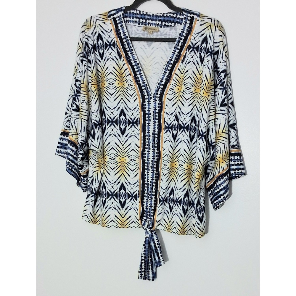Democracy Top Women's Size L White‎ Blue Yellow Geometric Dolman Sleeve Tie